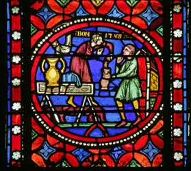 Raam met scène uit het leven van Sint Bonnet: Sint Bonnet die wijn inschenkt